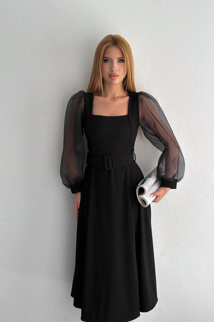 Square Collar Belted Balloon Sleeve Dress
