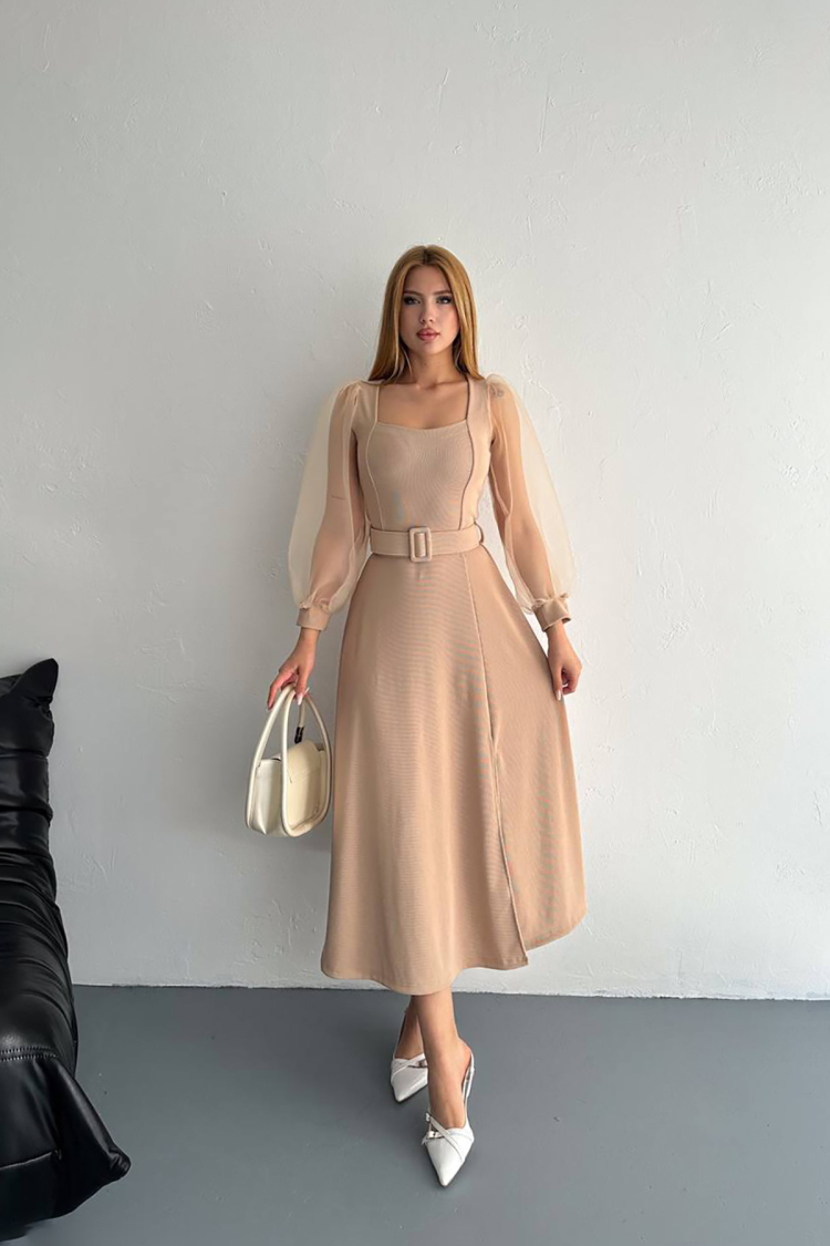 Square Collar Belted Balloon Sleeve Dress