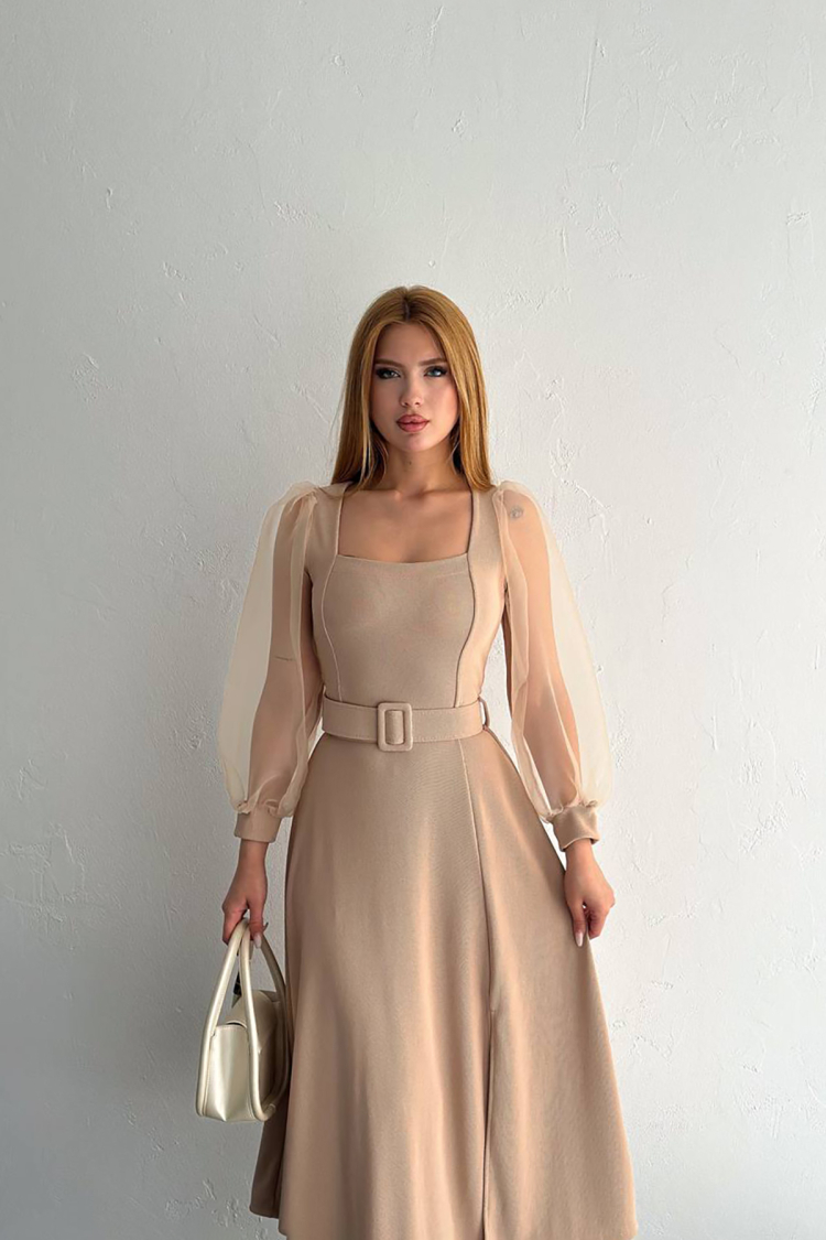 Square Collar Belted Balloon Sleeve Dress - Mode Roy - Globality Store - Women Clothes Wholesale Turkey
