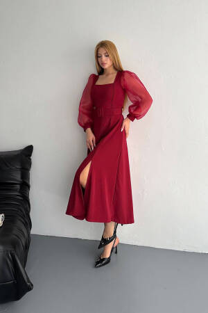 Square Collar Belted Balloon Sleeve Dress - Burgundy - Mode Roy - Globality Store - Women Clothes Wholesale Turkey