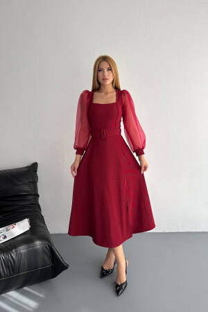 Square Collar Belted Balloon Sleeve Dress - Burgundy - Mode Roy - Globality Store - Women Clothes Wholesale Turkey