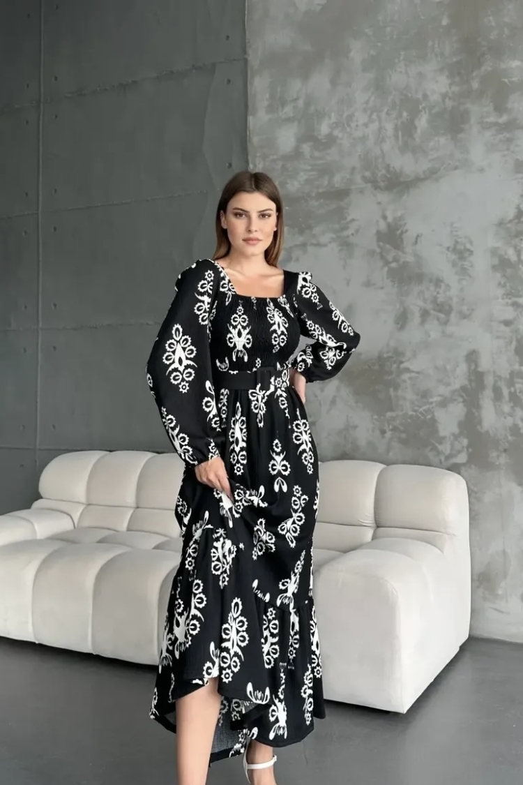 Patterned Dress - Ezgi Nisantasi - Globality Store - Women Clothes Wholesale Turkey
