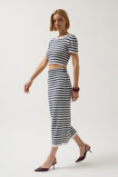 Striped Midi Textured Skirt -- Navy - Black Fashion - Globality Store - Women Clothes Wholesale Turkey
