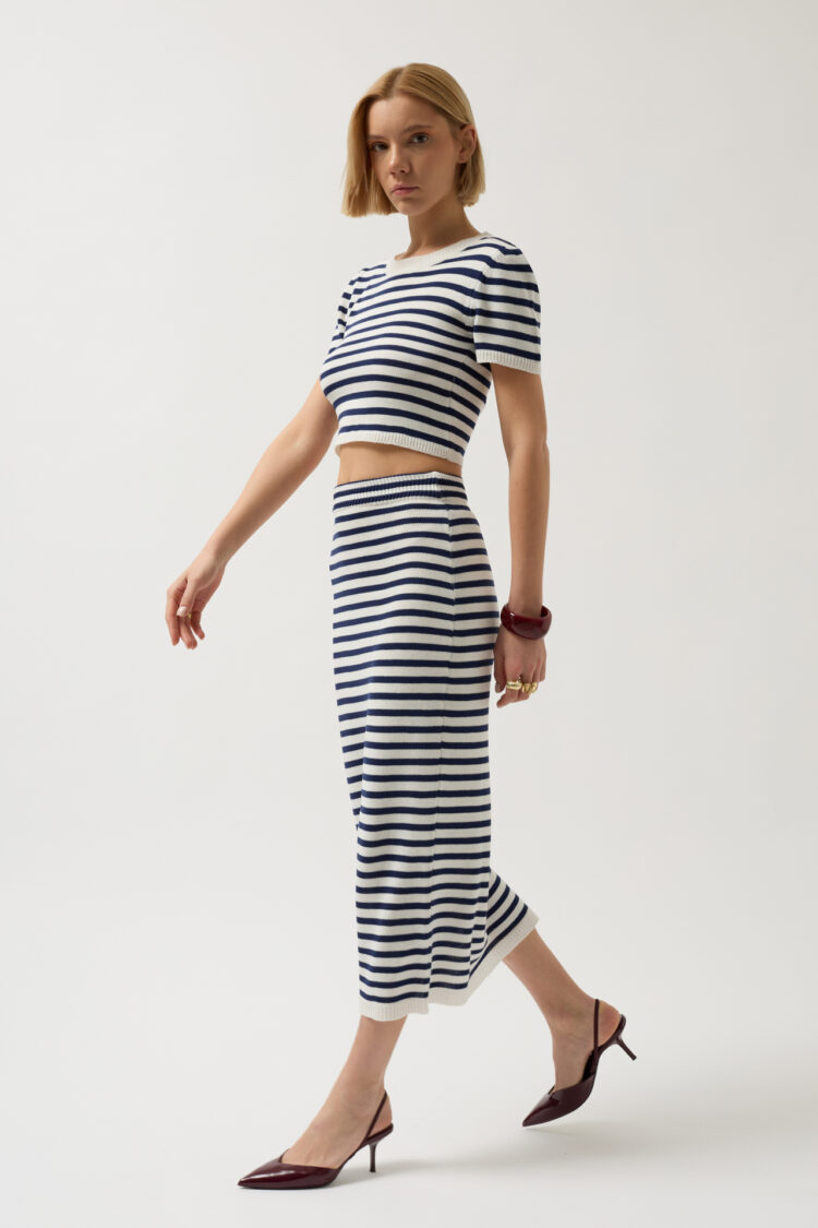 Striped Midi Textured Skirt -- Navy - Black Fashion - Globality Store - Women Clothes Wholesale Turkey