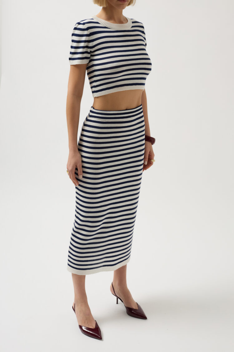 Striped Midi Textured Skirt -- Navy