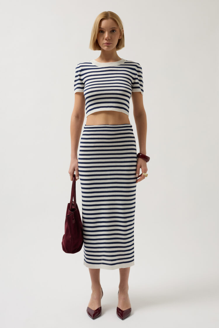 Striped Midi Textured Skirt -- Navy