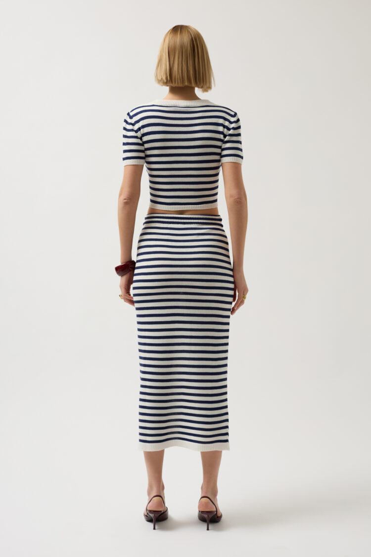 Striped Midi Textured Skirt -- Navy