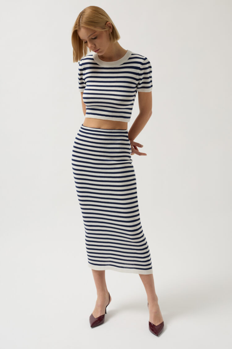 Striped Midi Textured Skirt -- Navy