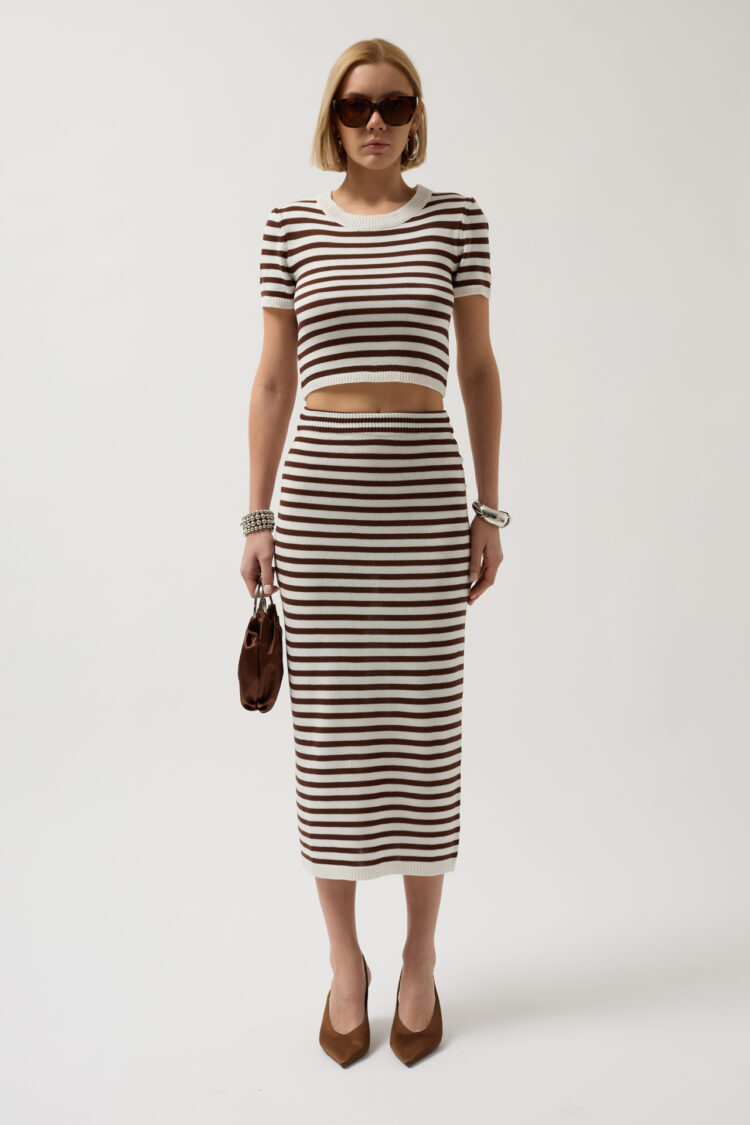 Striped Midi Textured Skirt - White
