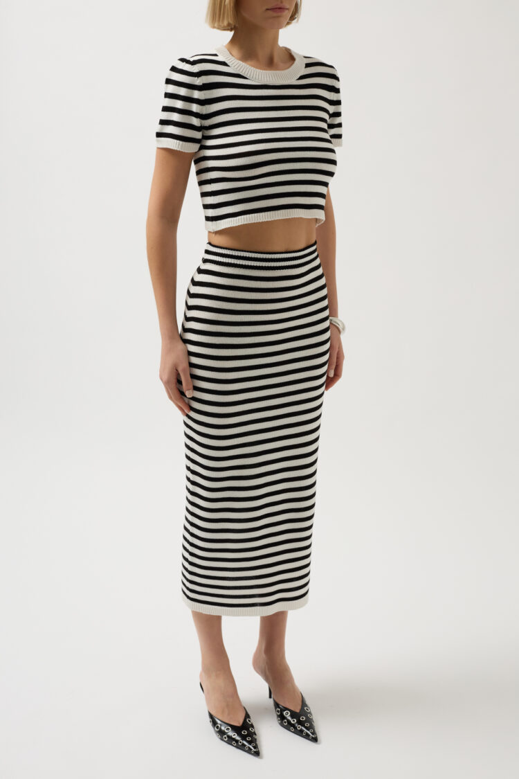 Striped Midi Textured Skirt -- Black