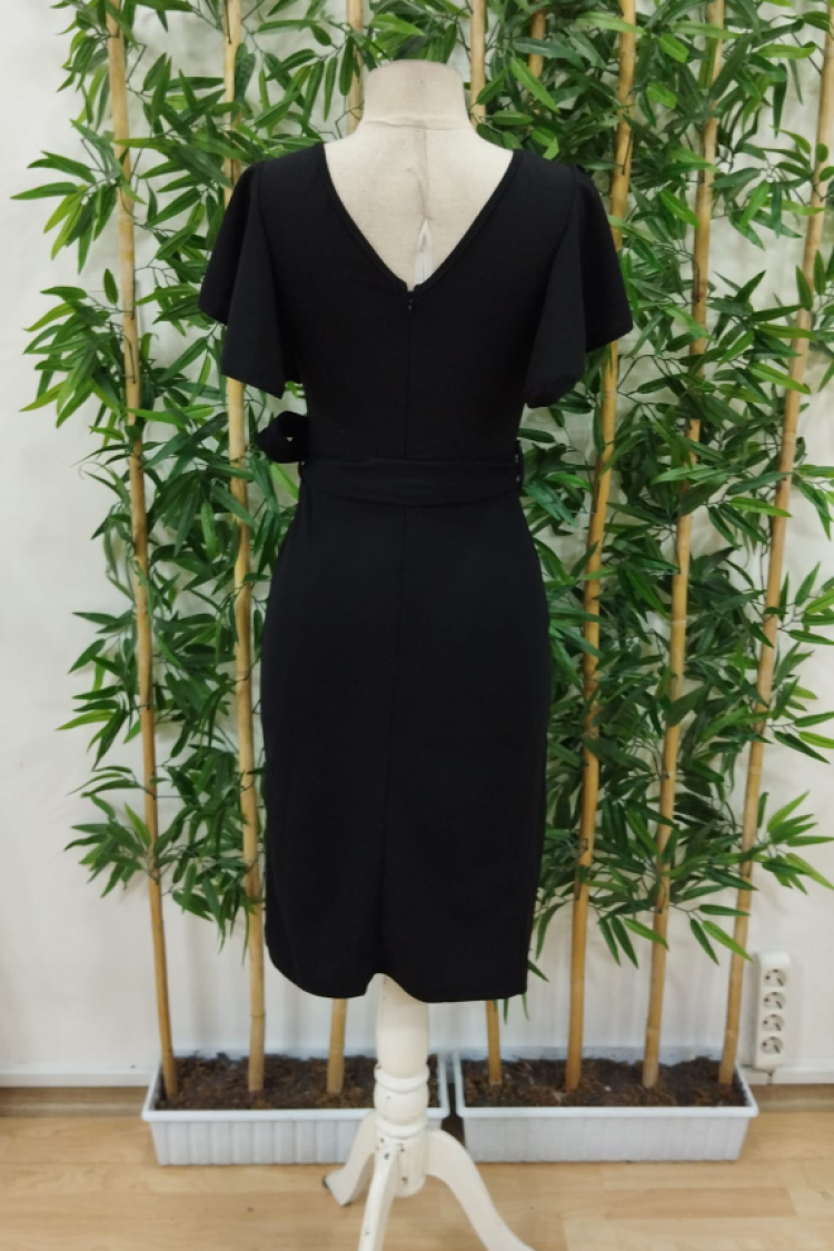 Women's Short Ruffle Sleeve Collar Open Waist Belted Cross Cut Detailed Imported Crepe Dress
