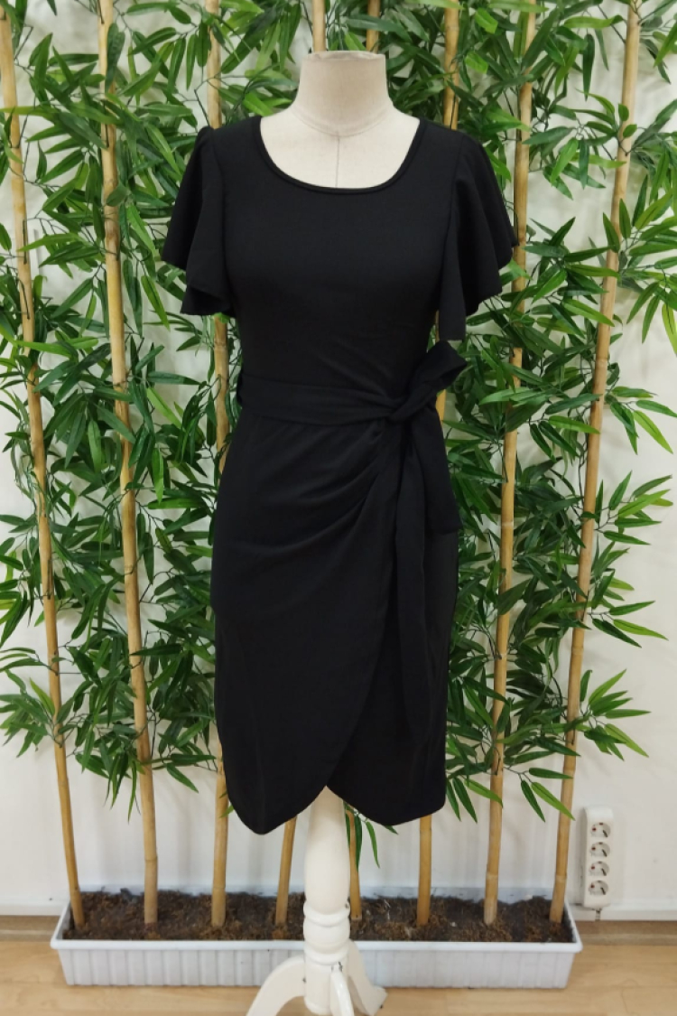Women's Short Ruffle Sleeve Collar Open Waist Belted Cross Cut Detailed Imported Crepe Dress
