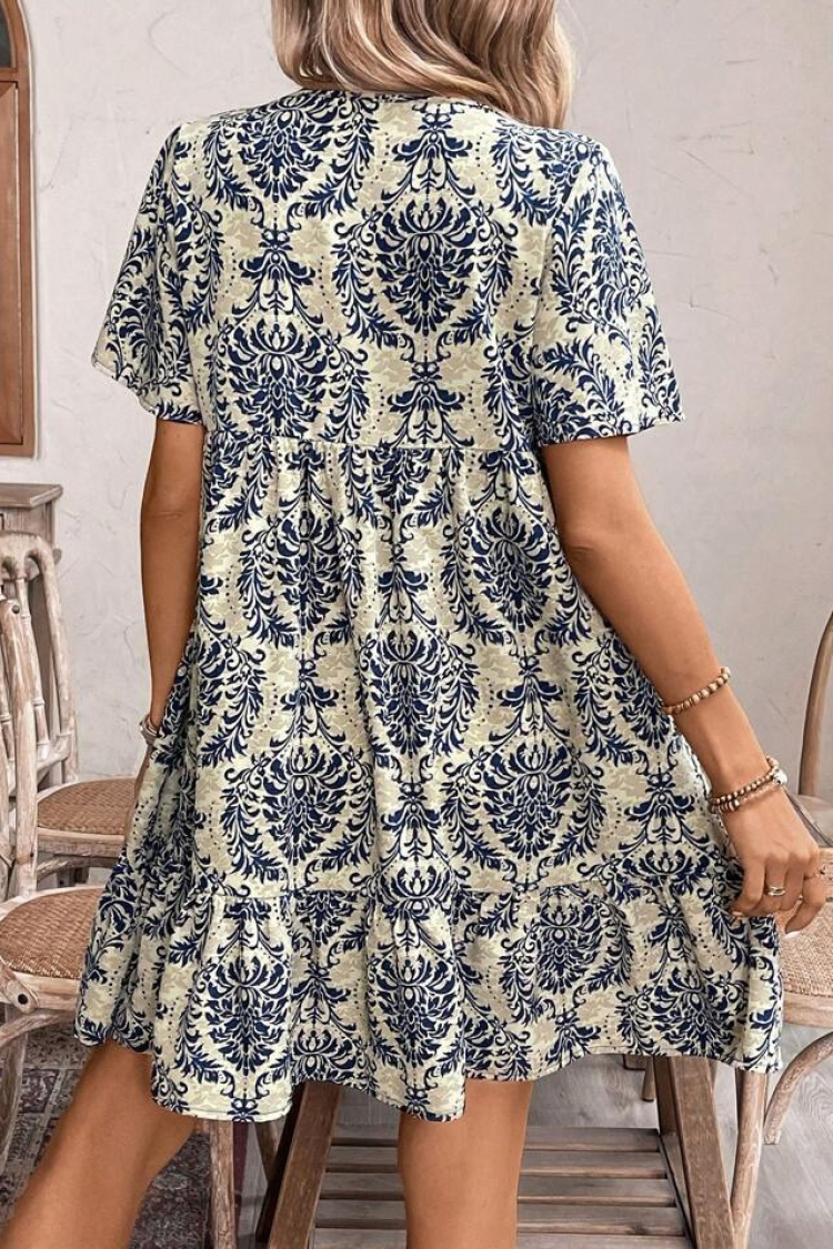 Women's Short Sleeve Collar Lace Pattern Ruffle Suit Dress - Navy