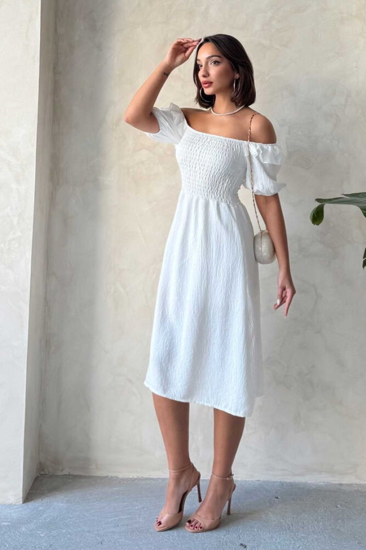 D2334 Gipeli Boat Neck Linen Dress - Topshow - Globality Store - Women Clothes Wholesale Turkey