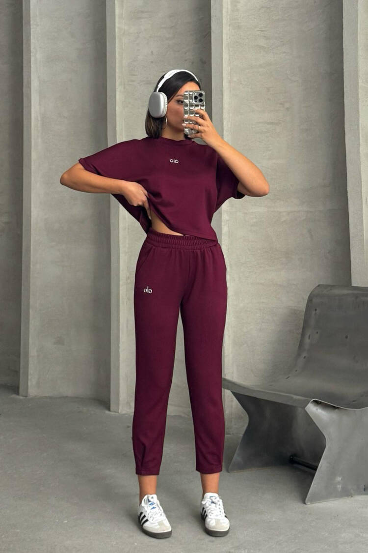 Leg Pleated Modal Fabric Tracksuit Set - Burgundy - Mode Roy - Globality Store - Women Clothes Wholesale Turkey