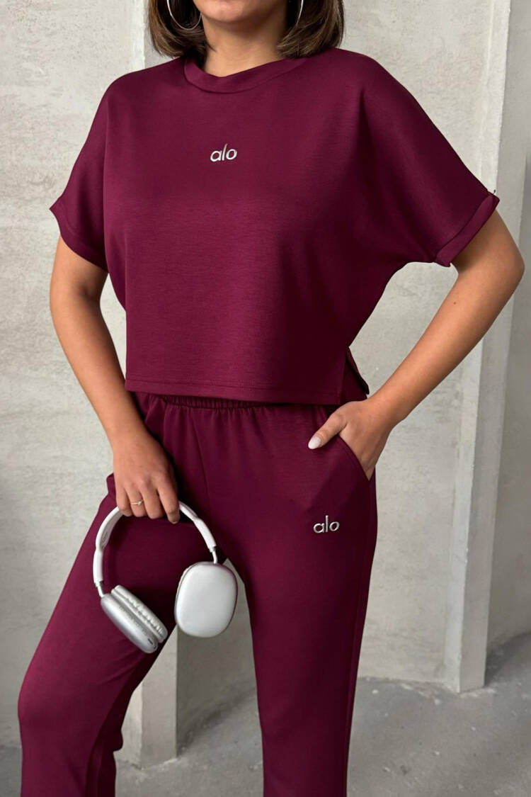 Leg Pleated Modal Fabric Tracksuit Set - Burgundy
