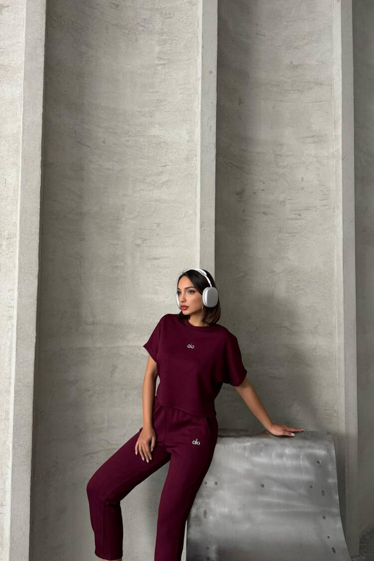 Leg Pleated Modal Fabric Tracksuit Set - Burgundy