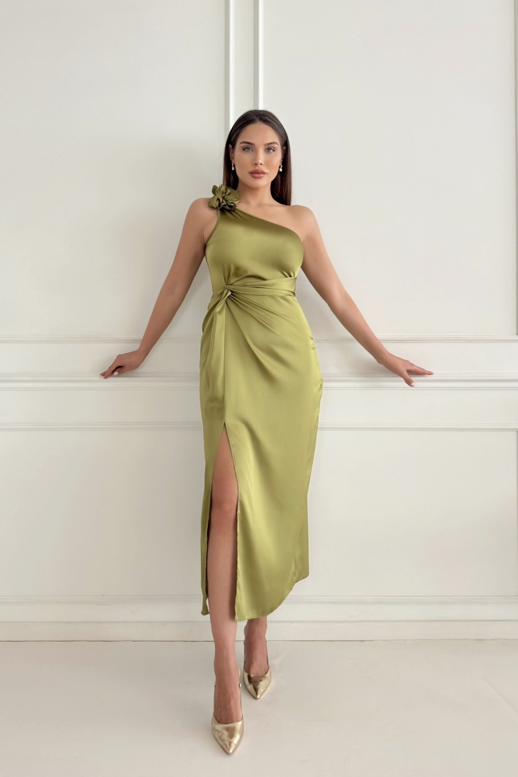 Ruffle Floral Detailed Cobe Satin Dress - Saks