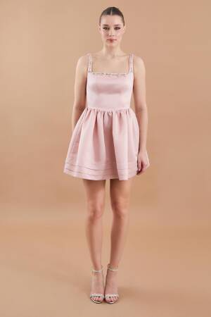 Satin Hand Embroidered Flared Mini Dress - Powder - Juste - Globality Store - Women Clothes Wholesale Turkey
