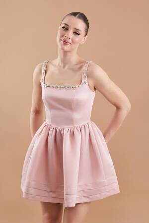 Satin Hand Embroidered Flared Mini Dress - Powder - Juste - Globality Store - Women Clothes Wholesale Turkey