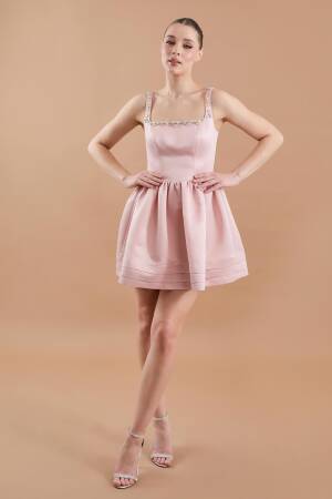 Satin Hand Embroidered Flared Mini Dress - Powder - Juste - Globality Store - Women Clothes Wholesale Turkey