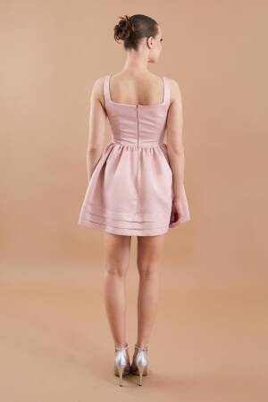 Satin Hand Embroidered Flared Mini Dress - Powder - Juste - Globality Store - Women Clothes Wholesale Turkey
