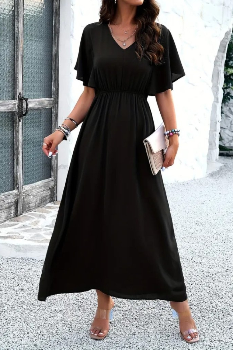 Women's Short Sleeve V-Neck Elastic Waist Long Viscose Dress - Black - Janes - Globality Store - Women Clothes Wholesale Turkey