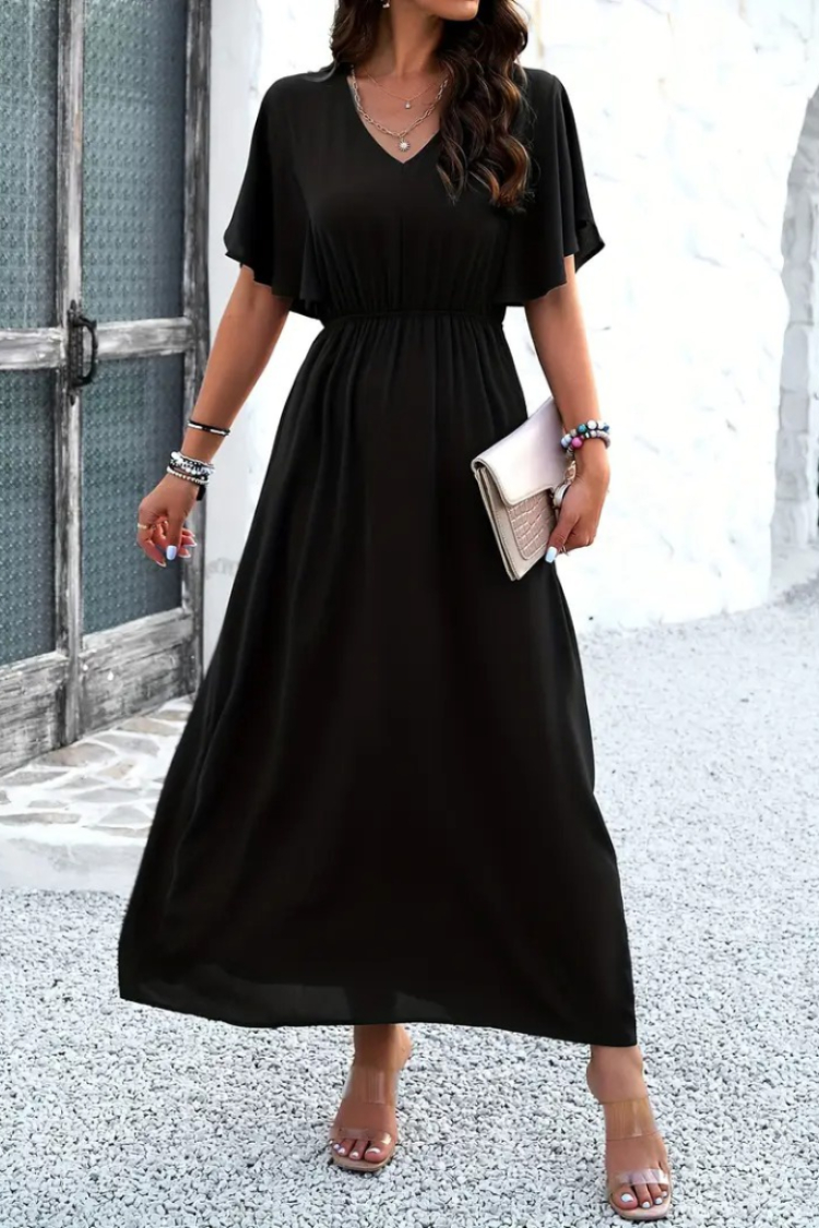 Women's Short Sleeve V-Neck Elastic Waist Long Viscose Dress - Black
