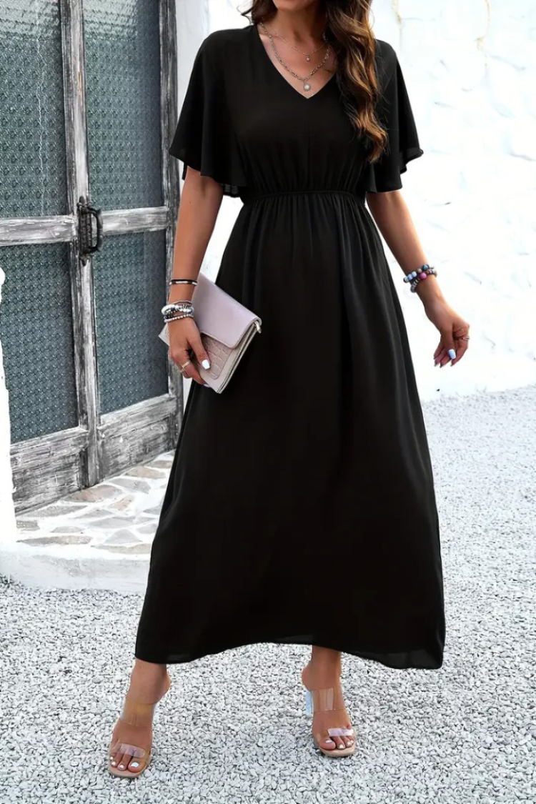 Women's Short Sleeve V-Neck Elastic Waist Long Viscose Dress - Black