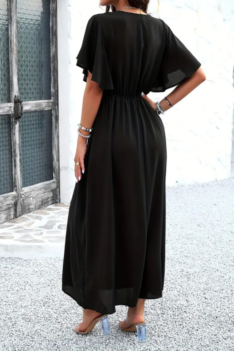 Women's Short Sleeve V-Neck Elastic Waist Long Viscose Dress - Black