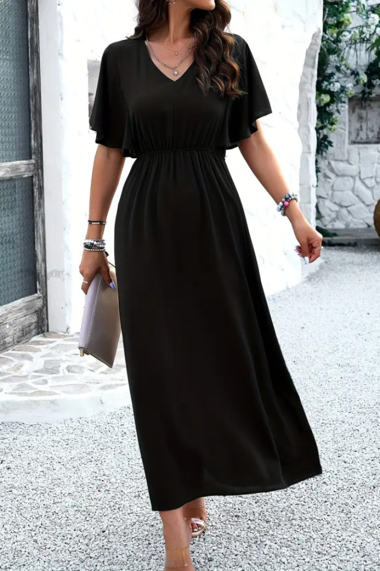 Women's Short Sleeve V-Neck Elastic Waist Long Viscose Dress - Black