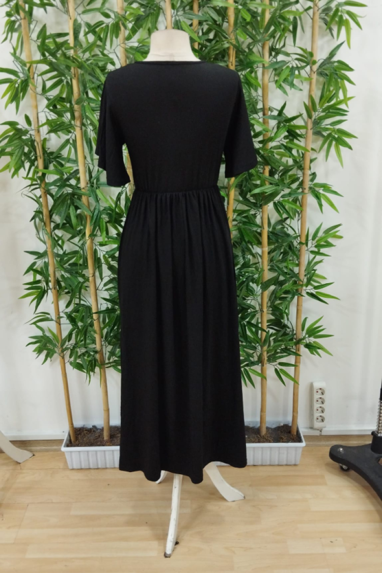 Women's Short Sleeve V-Neck Elastic Waist Long Viscose Dress - Black