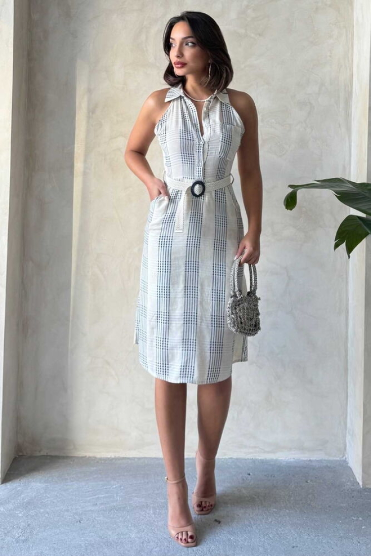 Linen Linen Belted Zero Sleeve Wholesale Dress - Topshow - Globality Store - Women Clothes Wholesale Turkey