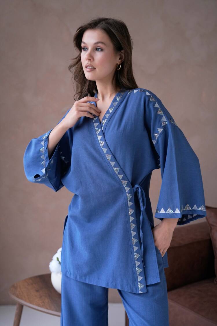 Linen Embroidery And Sequin Detailed Kimono And Pants Bottom/Top Set 29033 - First Angels - Globality Store - Women Clothes Wholesale Turkey
