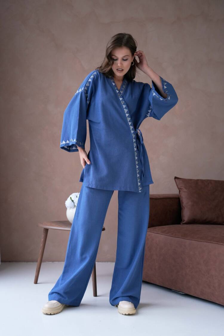 Linen Embroidery And Sequin Detailed Kimono And Pants Bottom/Top Set 29033