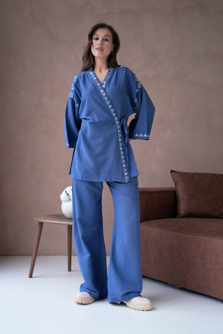Linen Embroidery And Sequin Detailed Kimono And Pants Bottom/Top Set 29033