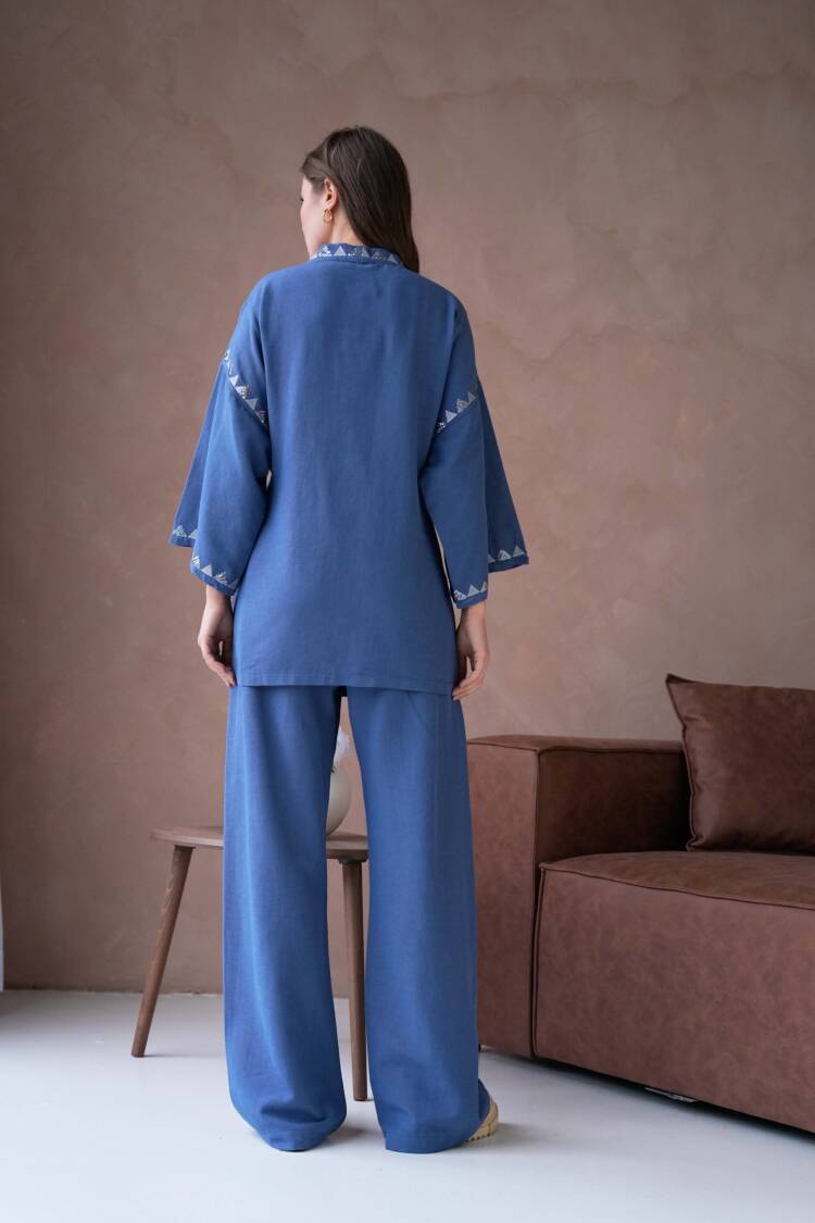 Linen Embroidery And Sequin Detailed Kimono And Pants Bottom/Top Set 29033