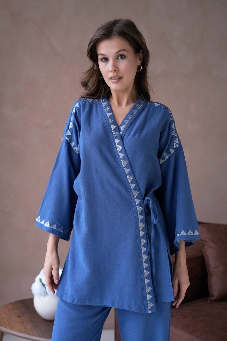 Linen Embroidery And Sequin Detailed Kimono And Pants Bottom/Top Set 29033