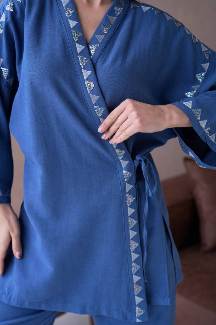 Linen Embroidery And Sequin Detailed Kimono And Pants Bottom/Top Set 29033