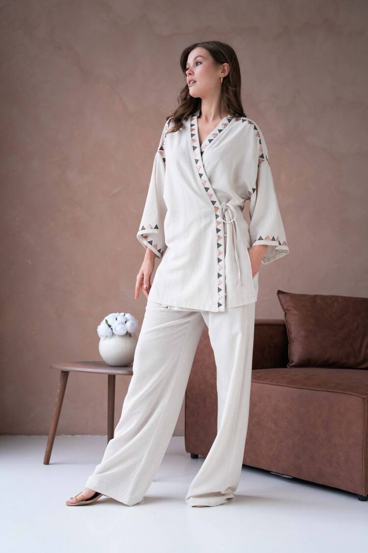 Natur Linen Embroidery And Sequin Detailed Kimono And Pants Bottom/Top Set 29033 - First Angels - Globality Store - Women Clothes Wholesale Turkey