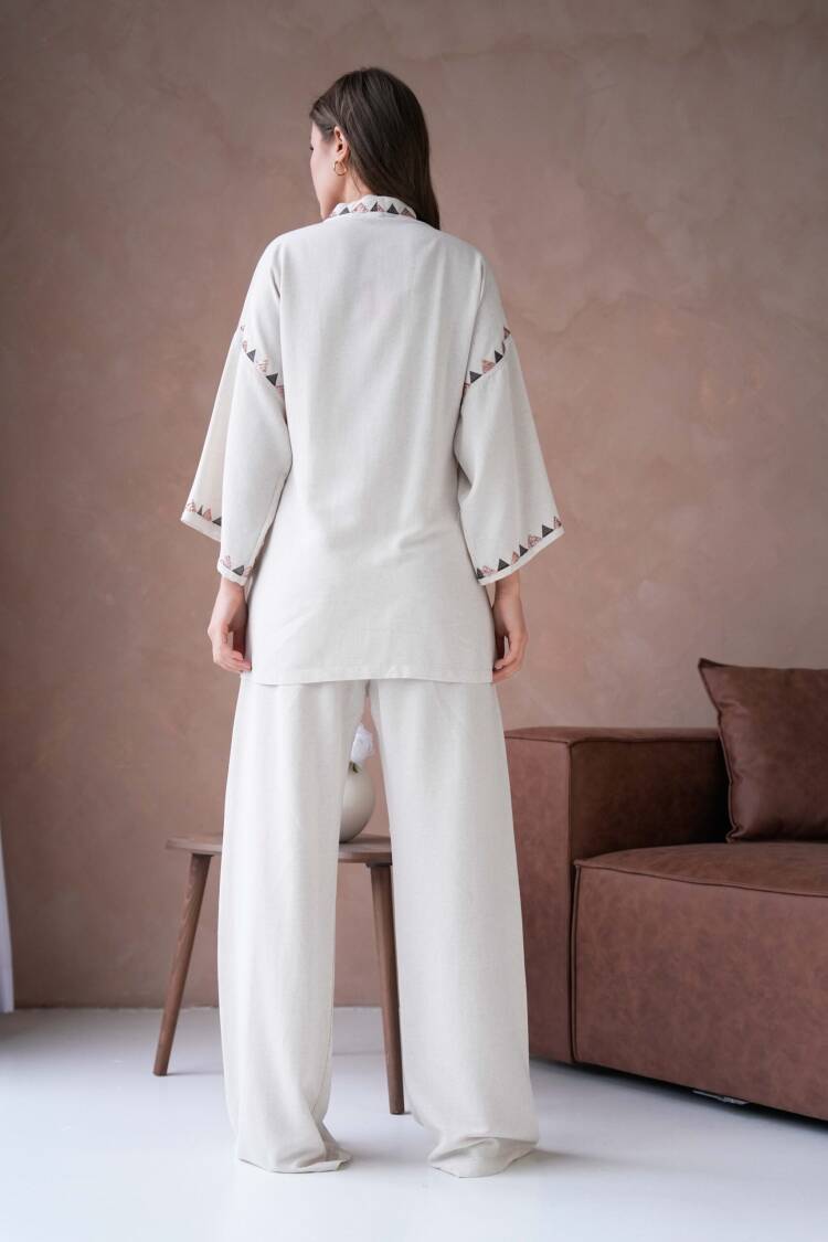 Natur Linen Embroidery And Sequin Detailed Kimono And Pants Bottom/Top Set 29033