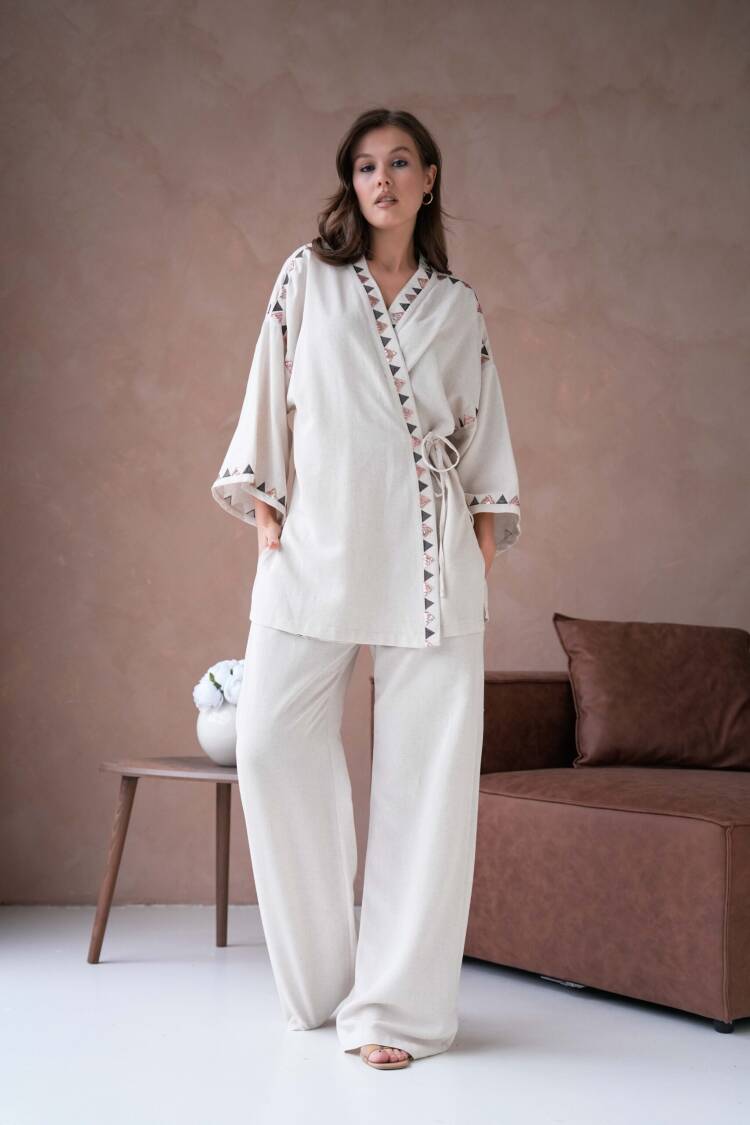 Natur Linen Embroidery And Sequin Detailed Kimono And Pants Bottom/Top Set 29033
