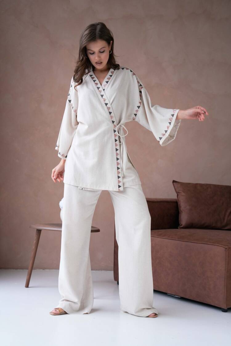 Natur Linen Embroidery And Sequin Detailed Kimono And Pants Bottom/Top Set 29033
