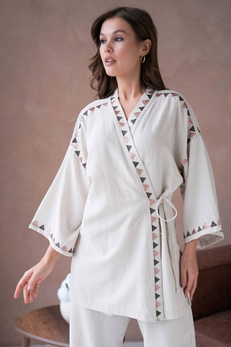 Natur Linen Embroidery And Sequin Detailed Kimono And Pants Bottom/Top Set 29033