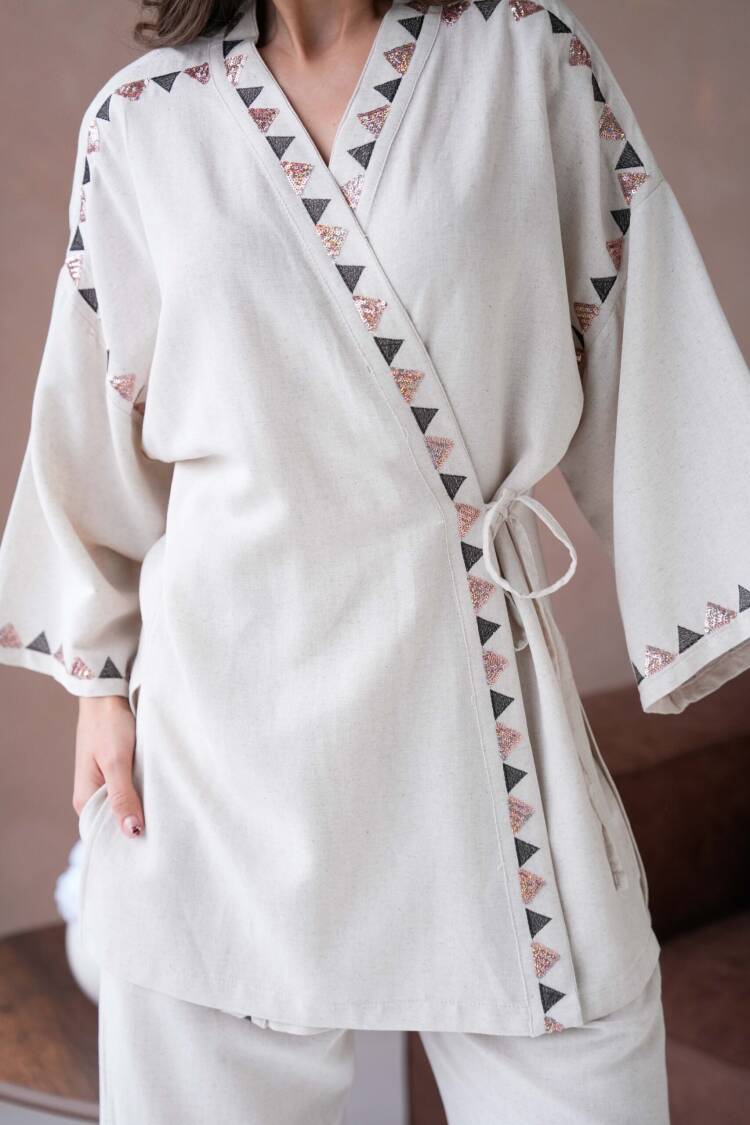 Natur Linen Embroidery And Sequin Detailed Kimono And Pants Bottom/Top Set 29033