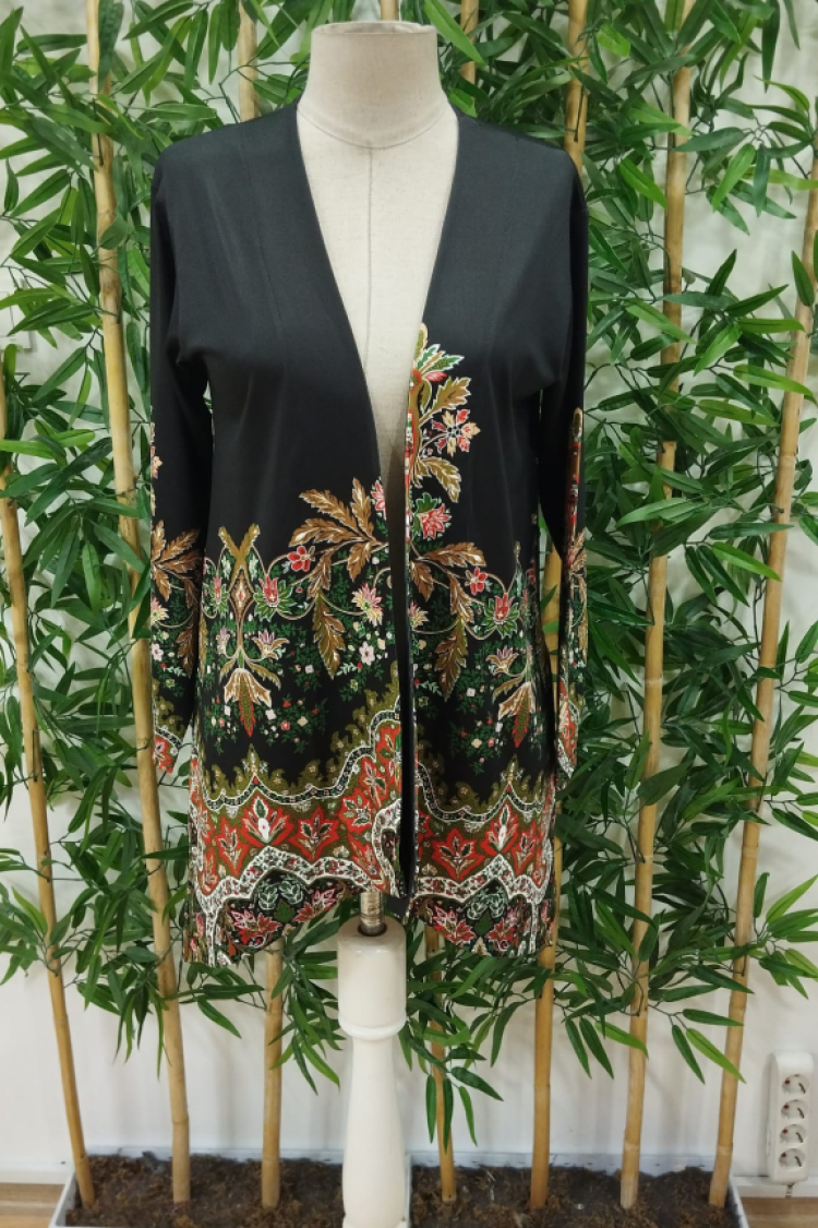 Women's Long Sleeve Front Open Pattern Charcoal Diver Jacket - Black