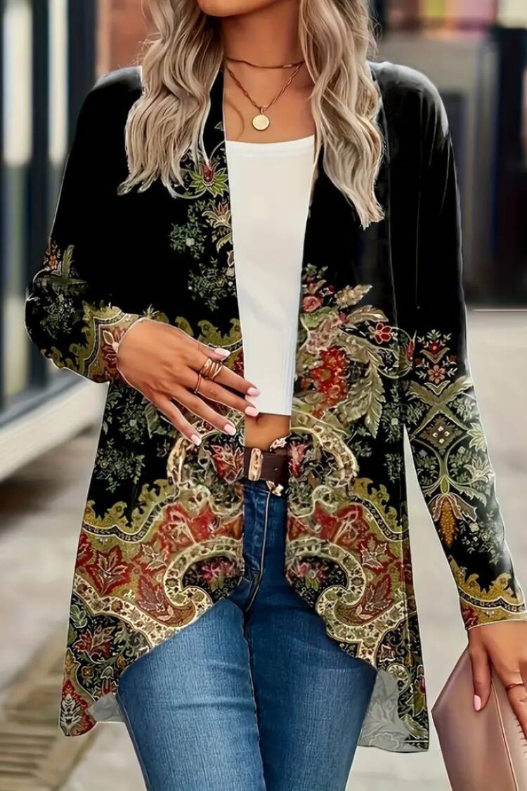 Women's Long Sleeve Front Open Pattern Charcoal Diver Jacket - Black