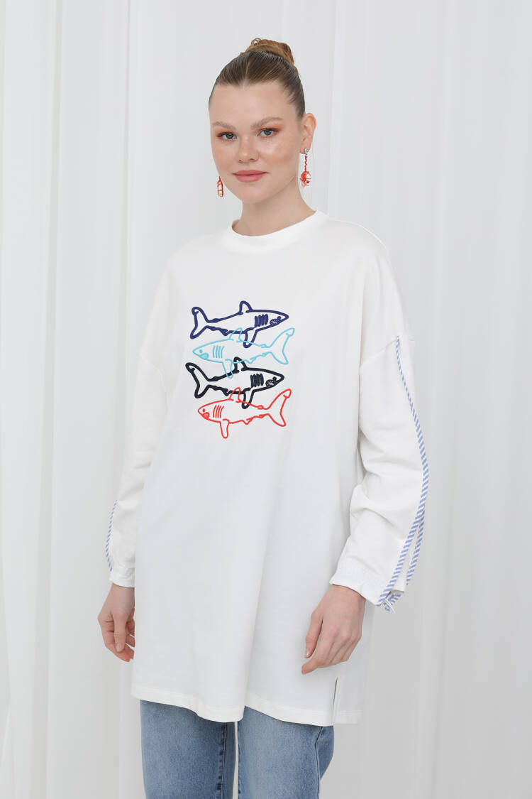 Women's Front Fish Embroidered Stripe Detailed Tunic - Puane - Globality Store - Women Clothes Wholesale Turkey