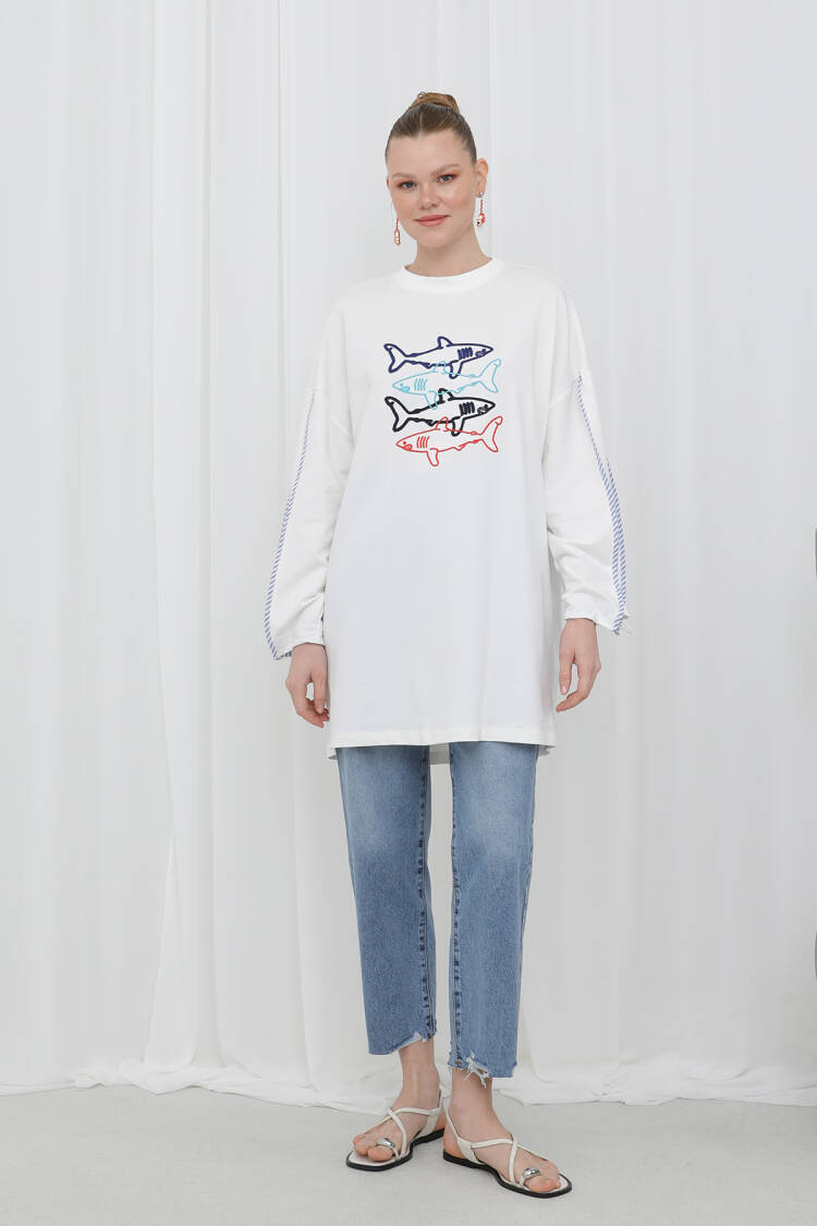 Women's Front Fish Embroidered Stripe Detailed Tunic
