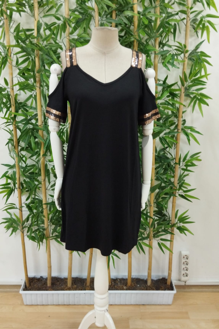 Women's Strappy V-Neck Off Shoulder Short Viscose Dress - Black
